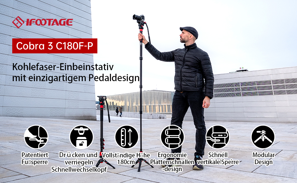 Штатив монопод IFOOTAGE Cobra 3 C180F-P з вуглецевого волокна, 181 см, максимальне навантаження 8 кг