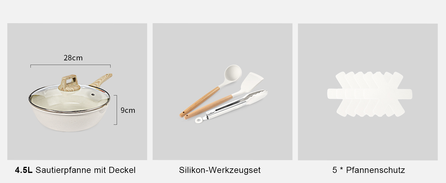 Набір посуду GiPP 17-ти частинний: каструлі, сковорідки з антипригарним покриттям, сковорідки 24+28 см, каструля 4.2 л, каструлі 16+18 см, сковорода для омлету з 4-ма отворами, лопатка та ложка, підходить для всіх типів плит (білий)