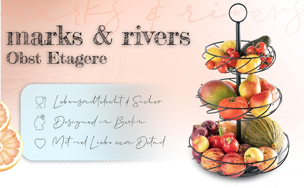 Стійка для фруктів Marks & Rivers 3 яруси XL | Металева фруктова стійка з 3 ярусами чорного кольору для елегантного зберігання у кухні та вітальні