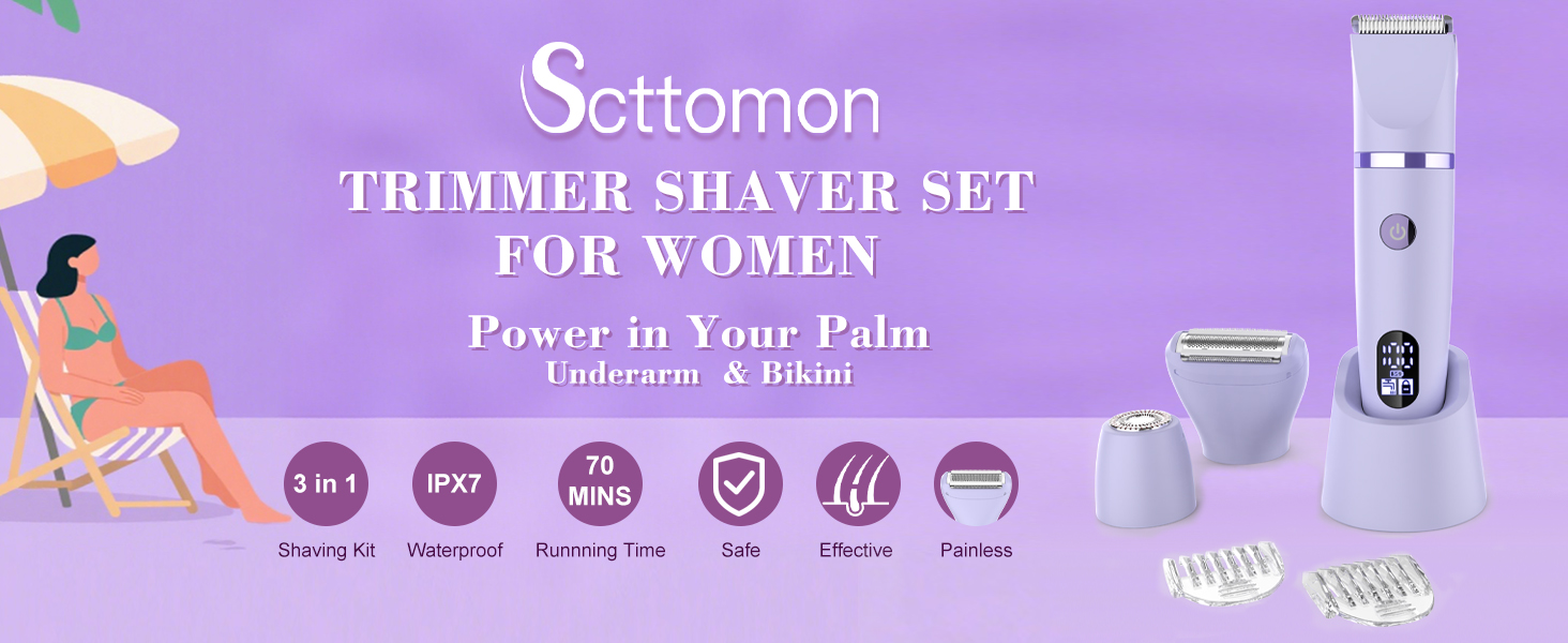 Електричний жіночий триммер 3-в-1 для обличчя, тіла та зони бікіні. Вологостійкий, з LCD-дисплеєм (фіолетовий)