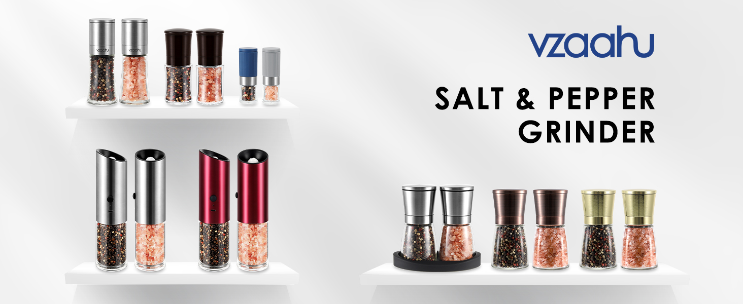 Набір міні-меленців для солі та перцю Vzaahu (2 шт.) з керамічним механізмом, кориця, регульована ступінь помелу, сірий та блакитний, портативні, багаторазові