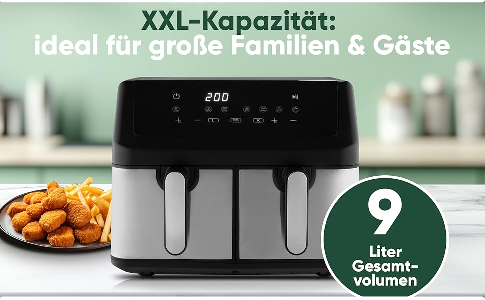 Фритюрниця ProfiCook з 2 камерами | Airfryer | 9 літрів | Фритюрниця з функцією одночасної готовності | Без олії | Антипригарне покриття | PC FR 1296 H з нержавіючої сталі