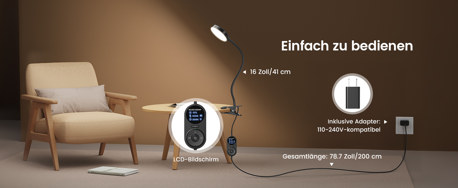 Світлодіодна приліжкова лампа Glocusent з кліпсою, 72 LED, 3 кольори, 5 рівнів яскравості, нічник, таймер, захист очей для читання, роботи (чорна з адаптером)