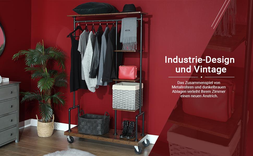 Лежанка для одягу VASAGLE на колесах, вінтажний дизайн, сталеве каркас, 5 полиць, 40 x 103,5 x 174,5 см, HSR66BXV1