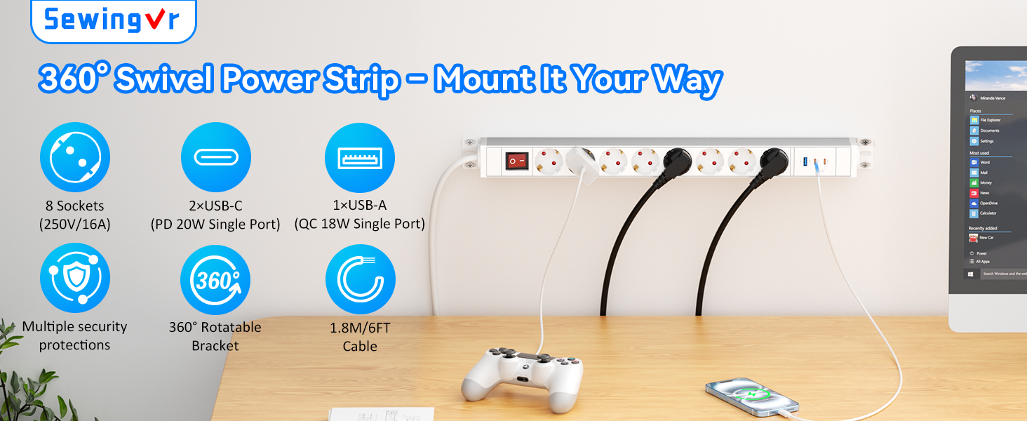 Мережевий фільтр із захистом від перенапруги, 10 розеток, поворотний на 360°, для стін, кабель 1.8м, 16A/4000W, для офісу та дому, чорний