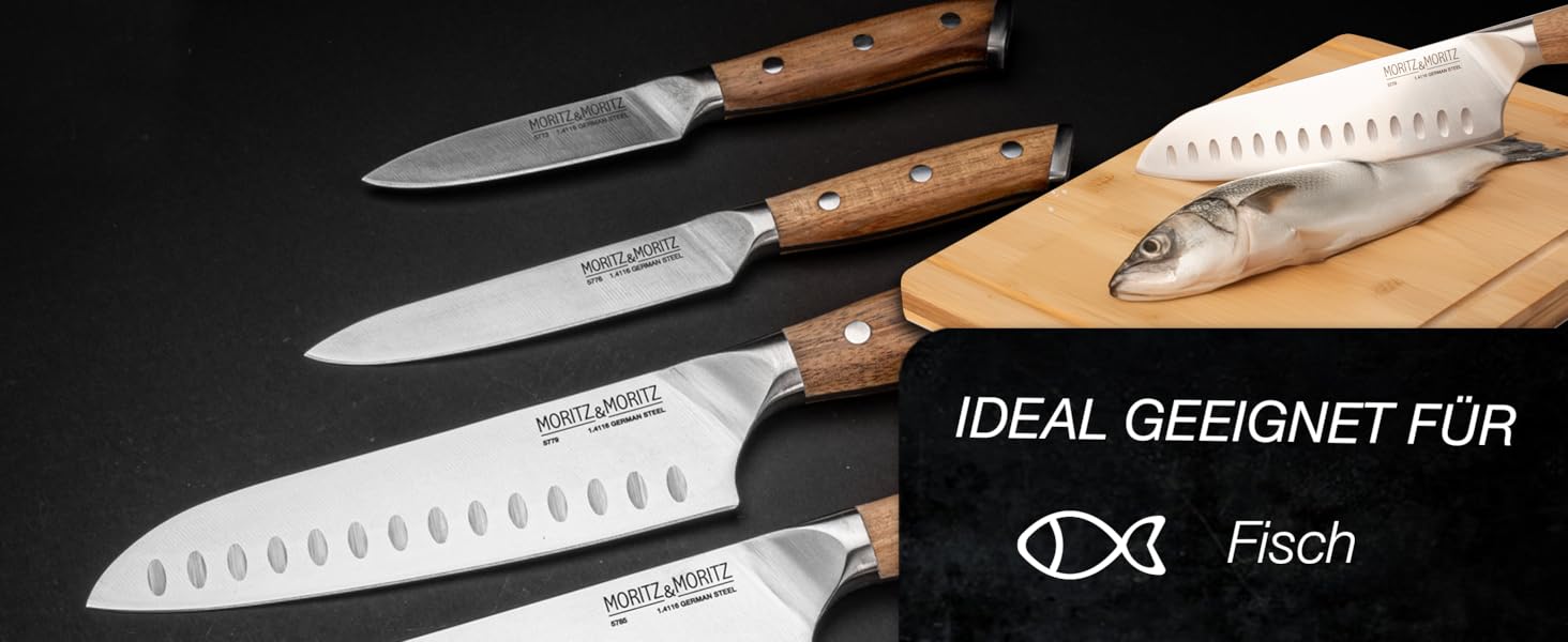 Ніж Santoku Moritz & Moritz 18 см - професійний кухонний ніж у японському стилі з надзвичайно гострою клинком - для м'яса, суші та іншого. Ергономічна ручка з акації. Німецька сталь Santokumesser