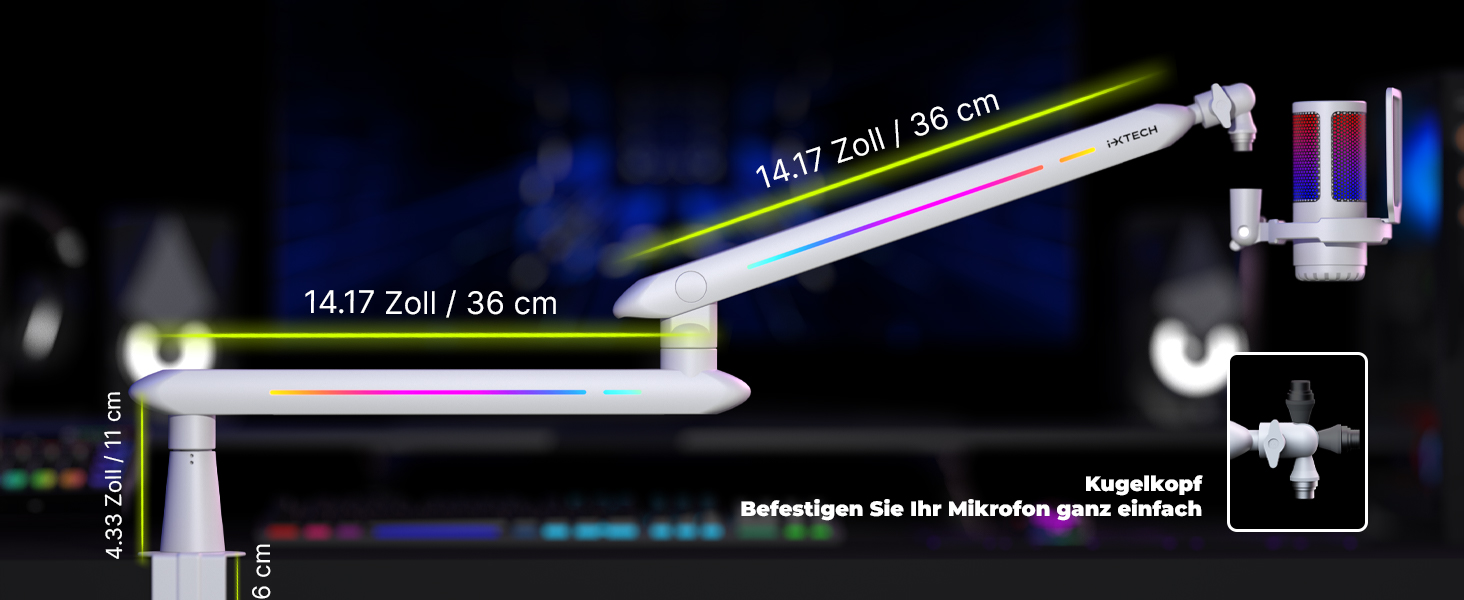 Підставка для мікрофона IXTECH RGB з низьким профілем, регульована, з кріпленням для столу та кабельною організацією, для стрімінгу та подкастів (5 ящірок RGB)