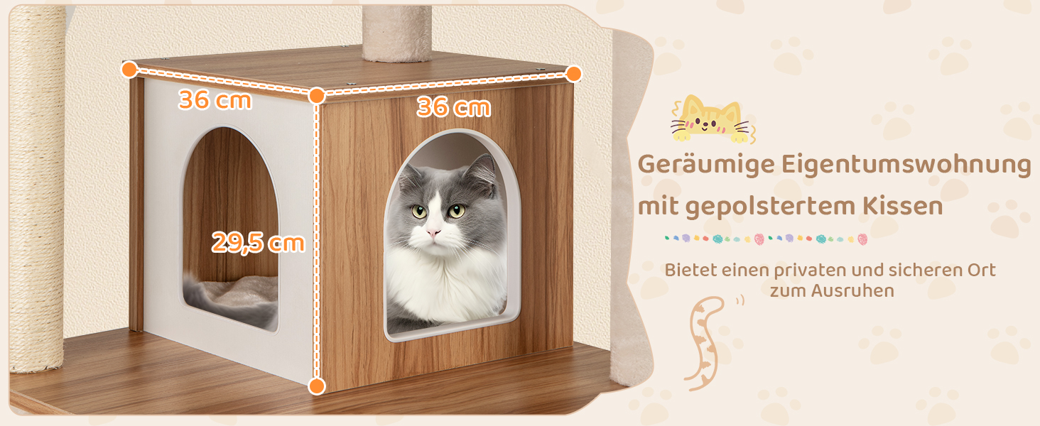 Кігтеточка для котів COSTWAY 168 см, дерев'яна, багатоярусна з будиночком, драбиною, лежаками та іграшками, бежево-коричнева