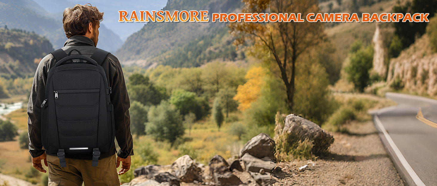 Рюкзак для фотокамери RAINSMORE – великий рюкзак для фотокамери, сумісний з Nikon, Canon, Sony, з відділенням для ноутбука 15.6 дюймів, чорний