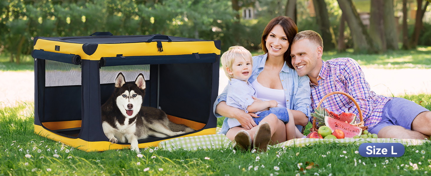 Складана переносна вольєр для собак великих порід, жовтий (XL, 64 x 63 x 100 см)
