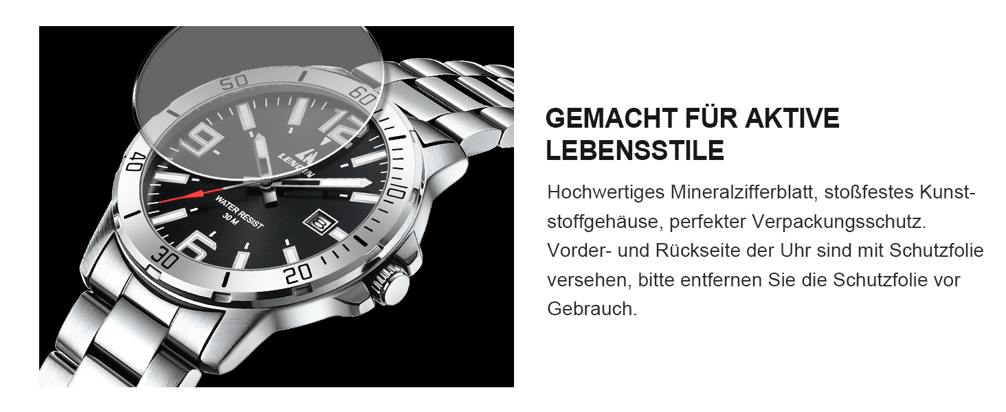 Годинник чоловічий LN LENQIN з нержавіючої сталі, водонепроникний, з датою, кварцовий, аналоговий, бізнес-стиль (сріблястий, чорний)