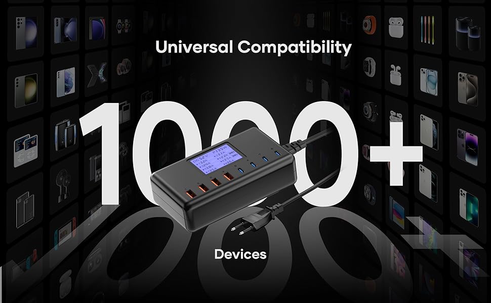 Зарядний пристрій USB-C 152W з LCD дисплеєм, 4x USB-A, 4x USB-C, швидка зарядка для iPhone 16, iPad, Samsung та інших пристроїв - Чорний