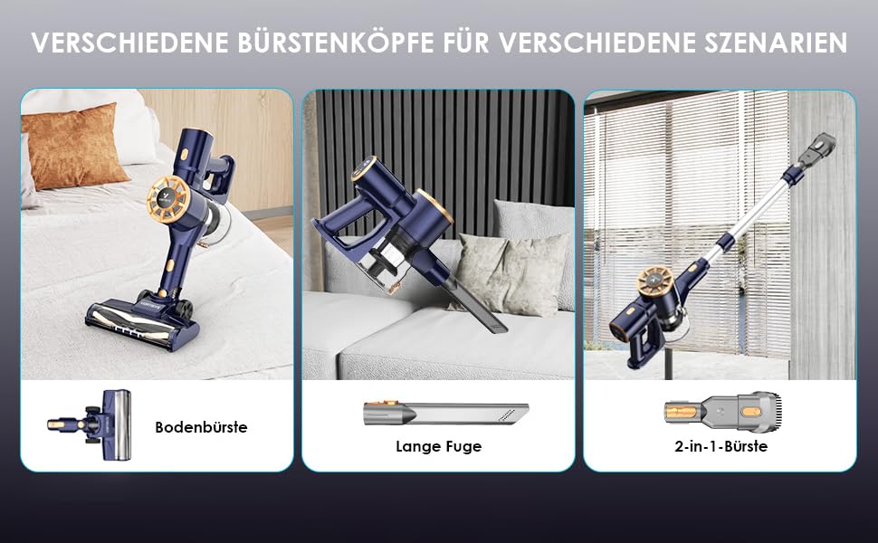 Бездротовий акумуляторний пилосос Vortisys - ручний, 350W, 45KPa, 55 хв роботи, 5-в-1 фільтрація, щітка проти ковтунів, для твердих поверхонь, килимів, шерсті тварин, темно-синій