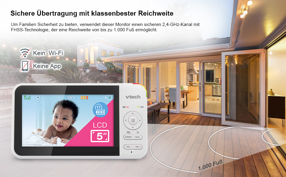 Відеоняня Vtech VM901-1W з Wi-Fi, 5-дюймовий HD-дисплей, поворотна камера 1080P, мобільний додаток, широкий кут огляду 120°, сумісна з iOS та Android