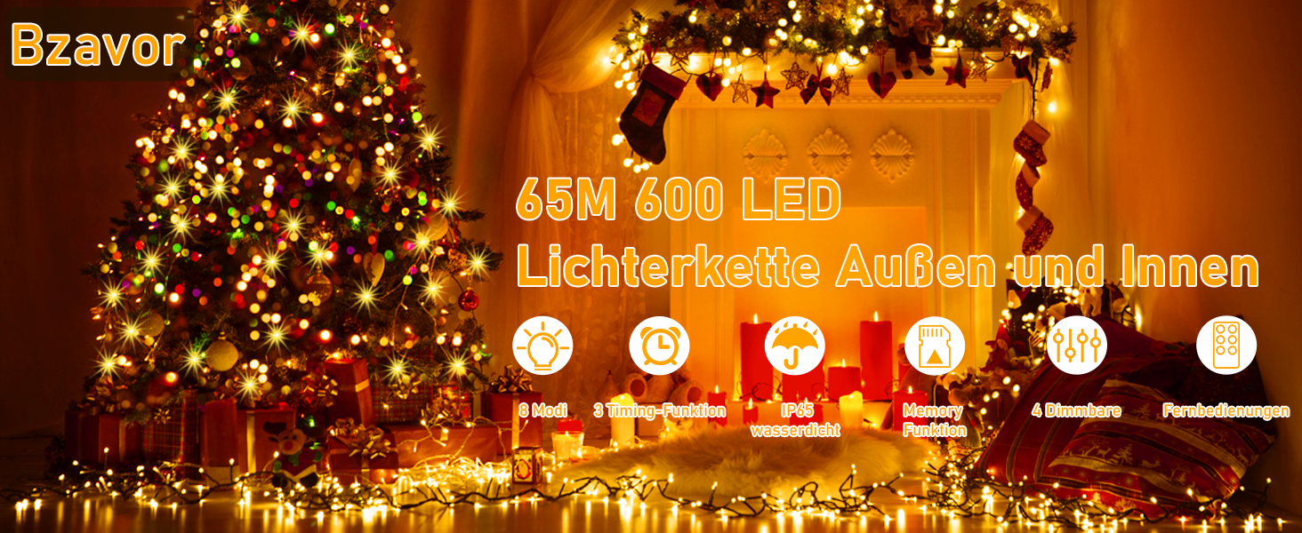 LED ліхтарна гірлянда для дому та на вулицю, 100 LED, з пульт дистанційного керування, таймер, водонепроникність IP65, тепле світло, 65 м