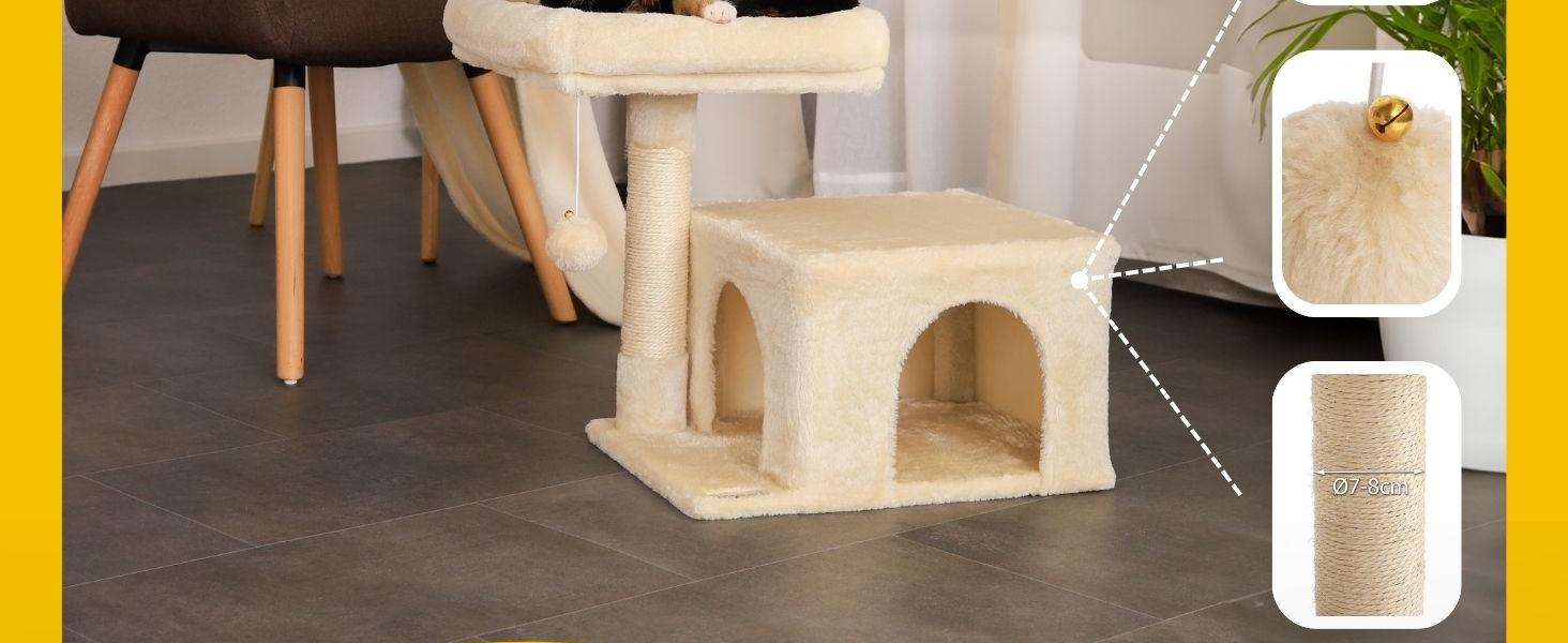 Cat scratching post with a cozy lying area & cave, height 50 cm, cat tree with plush ball incl. bell, sisal rope & soft plush, suitable for small & large cats, beige