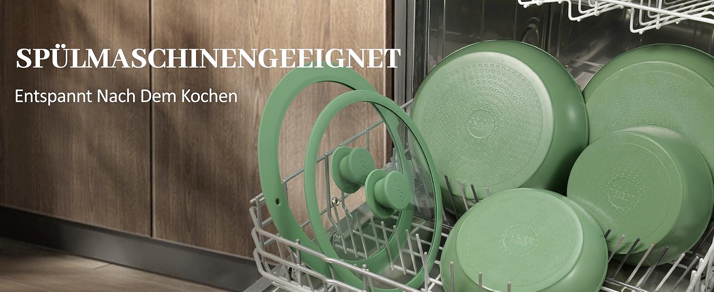 Набір посуду керамічний 23 предмети з антипригарним покриттям та знімними ручками, чорний. Підходить для всіх типів плит, включаючи індукційні. Сковороди 20/26 см, каструля 18 см, сотейник 24 см. Можна використовувати в духовці.