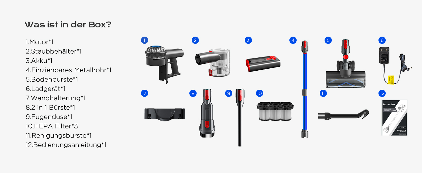 Бездротовий акумуляторний пилосос Ivormentico 50 хв / 40 кПа / 450 Вт з LED, для видалення шерсті тварин, темно-синій