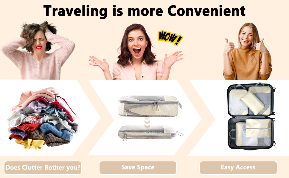 Набір органайзерів для валізи POWZOO (8 шт.) - компресійні кубики для одягу та взуття, бежевий