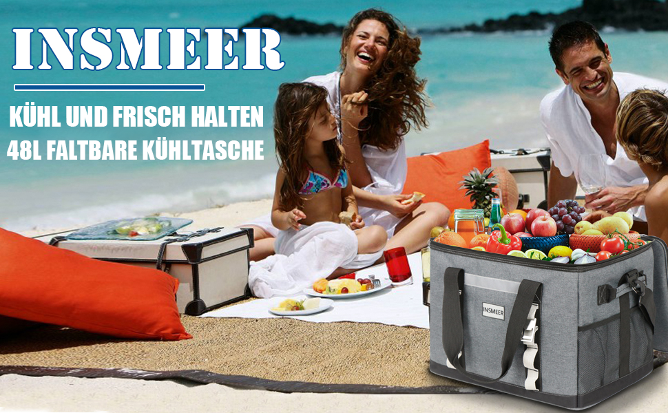 INSMEER 48L Термосумка-холодильник 48л, XXL, для пікніка, кемпінгу, пляжу, туризму. Водостійка, теплоізольована сумка-шопер. Темно-сірий колір.