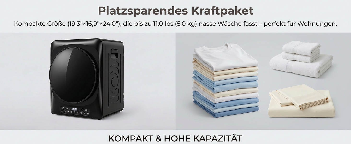 Компактна сушарка для білизни HOMCOM 5 кг, міні-сушарка з відводом повітря, 9 програм, 1000 Вт, чорна