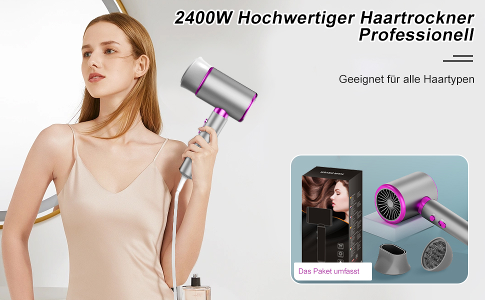 Професійний фен CUBTEM 2400W з іонізацією, для подорожей, 3 температури/2 швидкості, захист від перегріву, білий/сірий