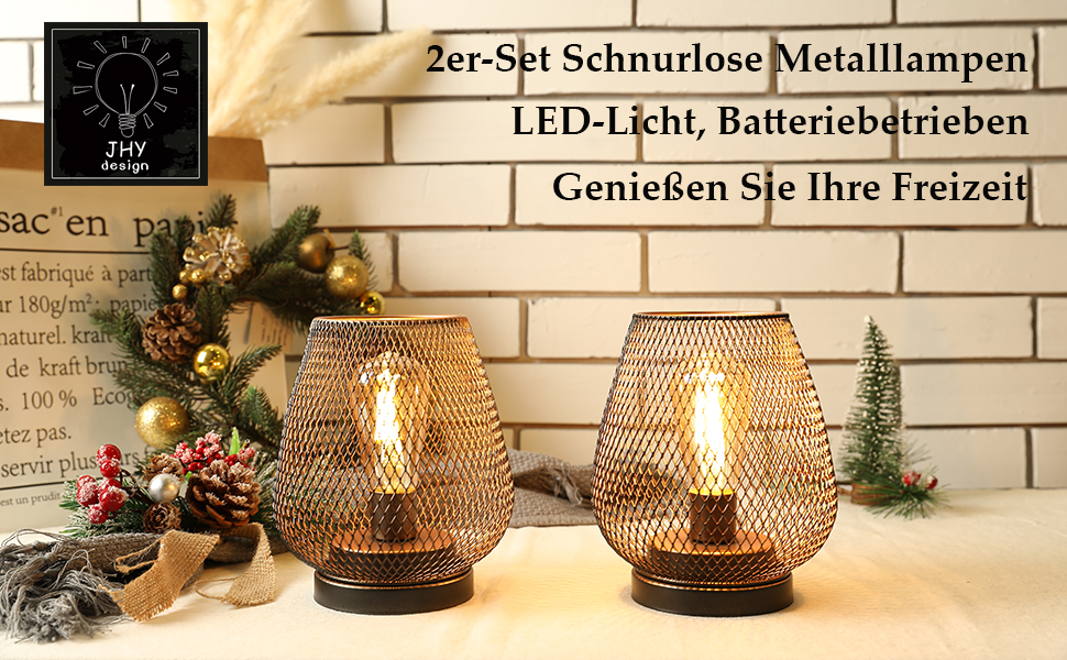 LED ліхтар JHY DESIGN 2 шт. з металевого каркасу, акумуляторний, бездротовий, 17 см, індустріальний стиль, для дому та саду, весільниці (чорний метал з золотом)
