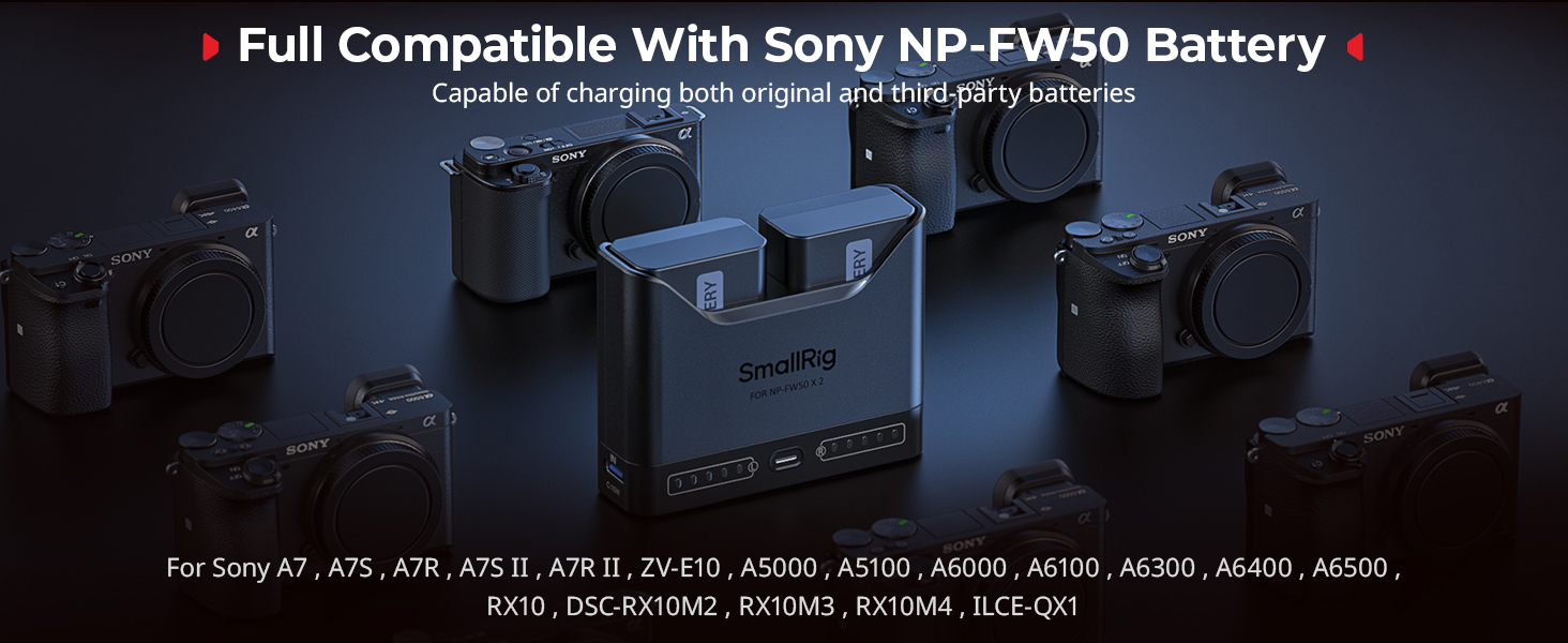 Зарядний пристрій SMALLRIG NP-FW50 для Sony (2 слоти, USB-C, 11W) - A6000, A6100, A6300, A6400, ZV-E10, A7, A7S, A7R