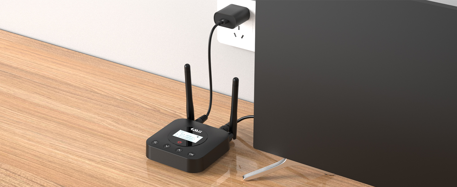1Mii Bluetooth 5.2 Передавач для ТВ з aptX HD та низькою затримкою, велика дальність дії, аудіоадаптер для 2 навушників або динаміків, 3,5mm AUX/Оптичний/Коаксіальний вихід, регулювання гучності (B06TX+)