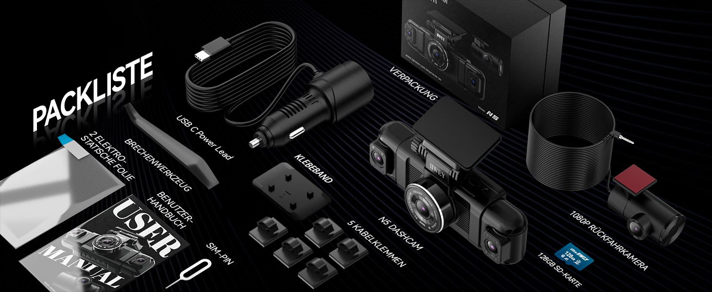 Автомобільний відеореєстратор IIWEY N5 4-канальний 360° 1080P (передній, задній, внутрішній, бічні камери) з нічним баченням, G-сенсором, режимом паркування, 5G Wi-Fi та SD-картою 128ГБ