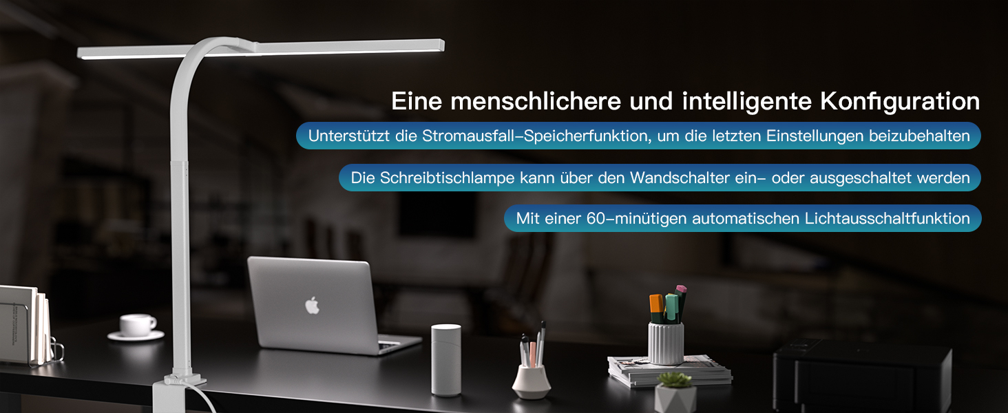 LED лампа настільна з авторегулюванням яскравості, 80 см, кріплення-прищіпка, регульована колірна температура, захист для очей, повний спектр денного світла, таймер, білий колір