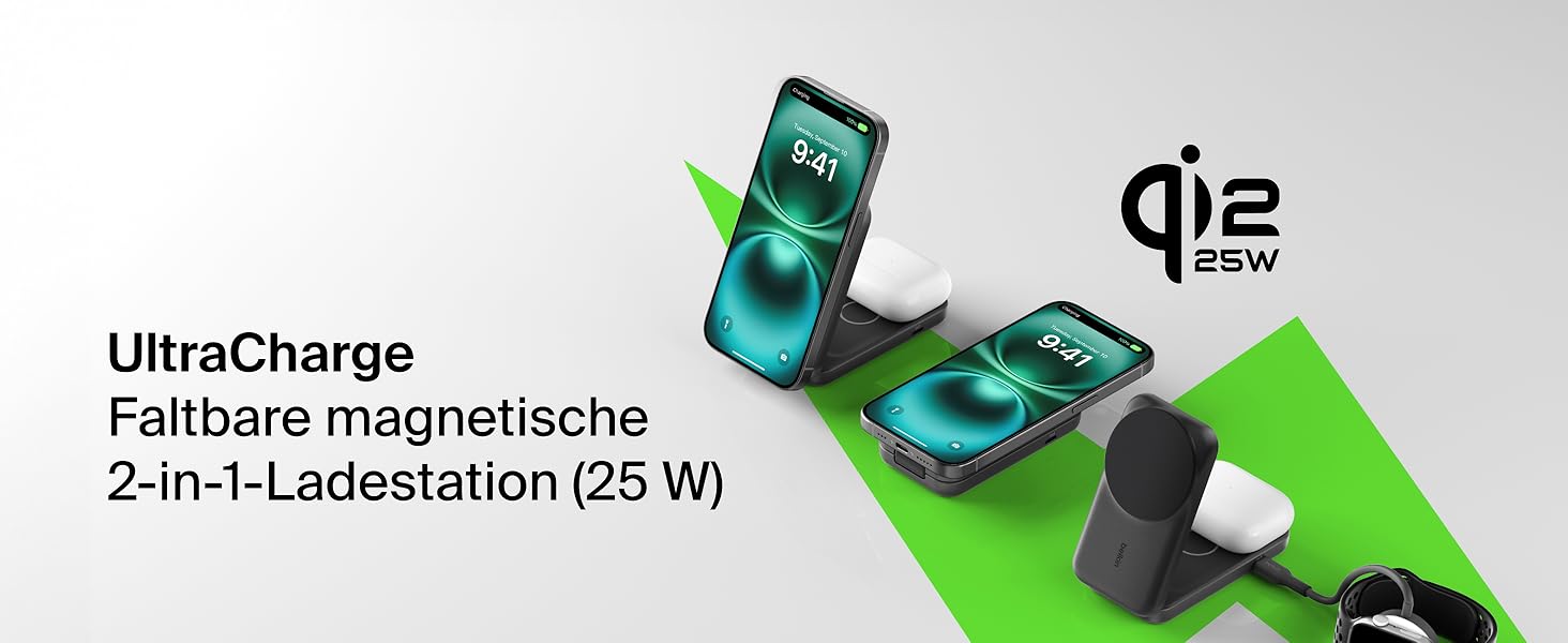 Belkin UltraCharge Qi 2.2 Зарядна станція 2-в-1 25W MagSafe сумісна, бездротова зарядка для iPhone 17, iPhone Air, AirPods, Pixel – Чорний