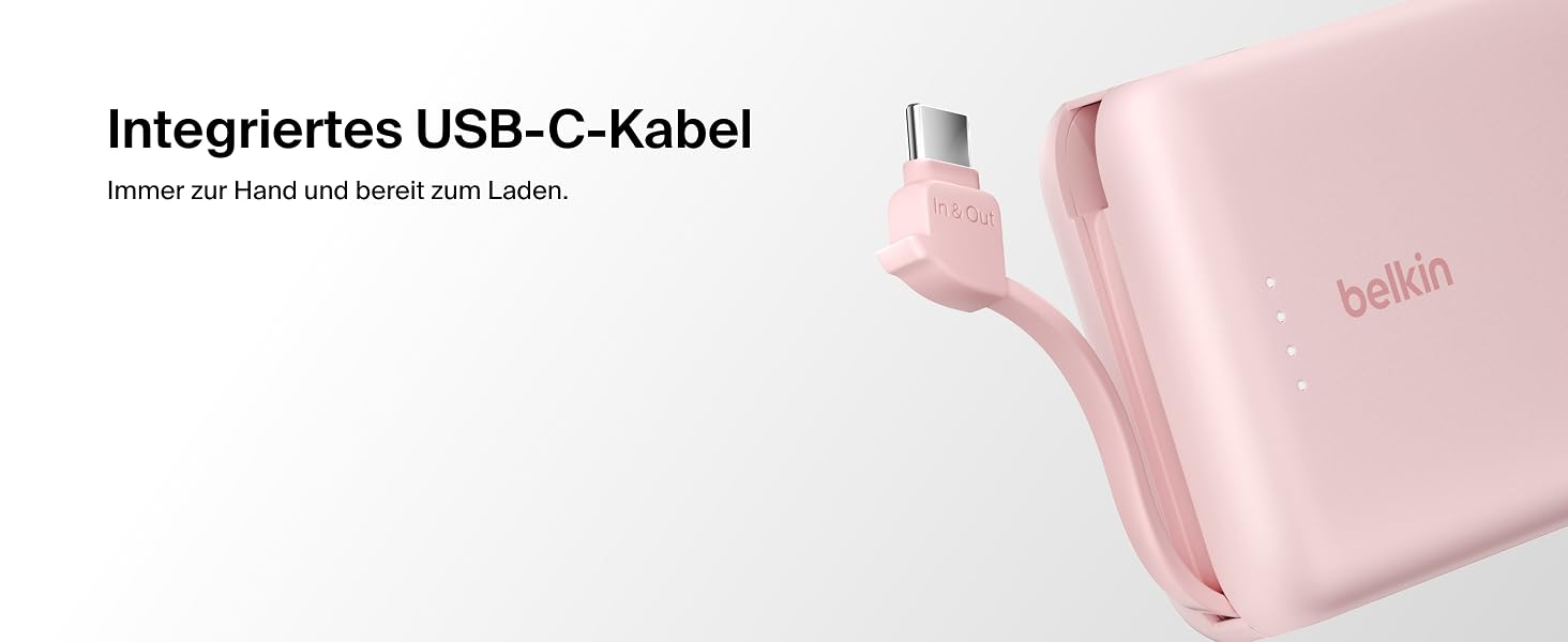 Повербанк Belkin BoostCharge 10000mAh з вбудованим кабелем USB-C, 20W, LED-індикатором, рожевий
