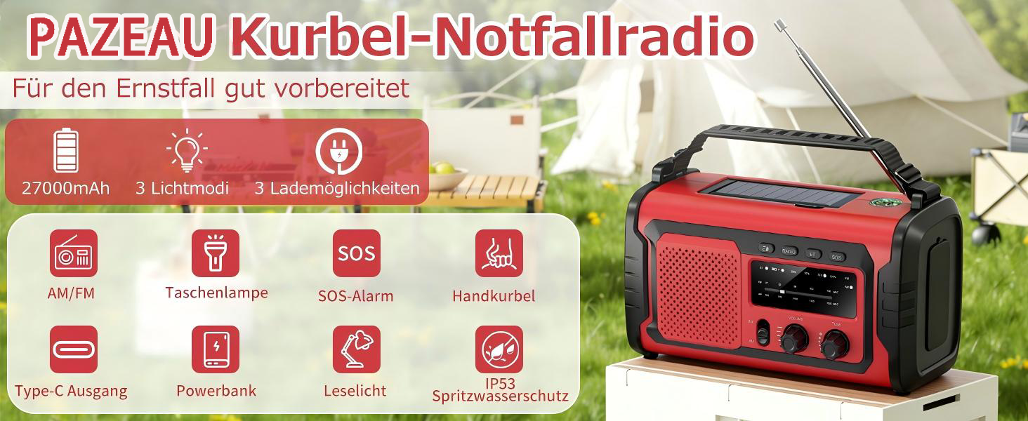 Радіо на сонячній батареї та ручному заводі Kurbelradio 27000mAh з SOS, Bluetooth, Powerbank та ліхтариком для кемпінгу та активного відпочинку (Червоний)