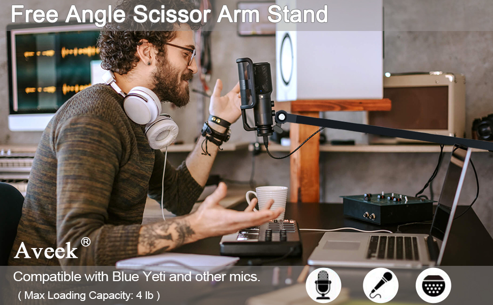 Кріплення для мікрофона на шарнірній стійці, регульоване, низькопрофільне для Blue Yeti, HyperX QuadCast, з адаптером 3/8' на 5/8'