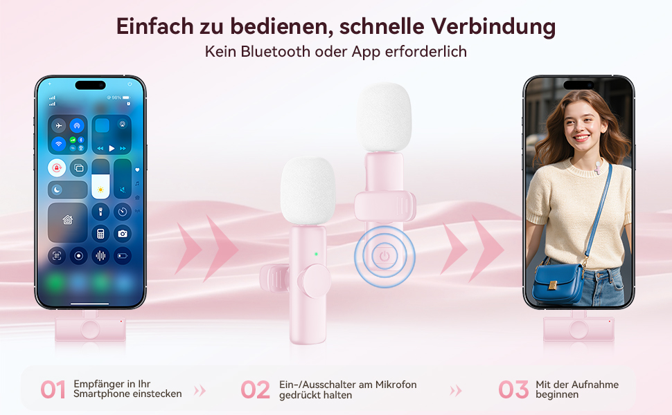 Беспроводной петличный микрофон 2шт, для iPhone, iPad, Android, с шумоподавлением, Plug & Play, для видео, подкастов, YouTube, TikTok (Рожевий)