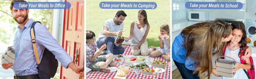 Ланчбокс Brotdose 3-х ярусний на 2200 мл з посудом, для дорослих, без BPA, підходить для мікрохвильової печі, бежевий