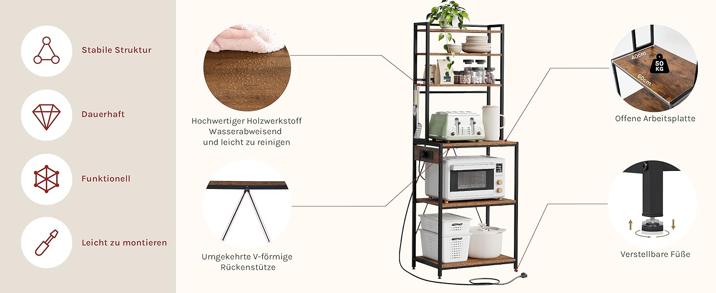 Кухонна полиця WOLTU з 6 ярусами та розетками, мікрохвильова полиця з 6 гачками, полиця пекаря з металевим каркасом, регульовані полиці, Чорний+Рустикальне коричневий, 60 x 167 x 40 см, Чорний+Вінтажний коричневий 60 x 39,5 x 167 см