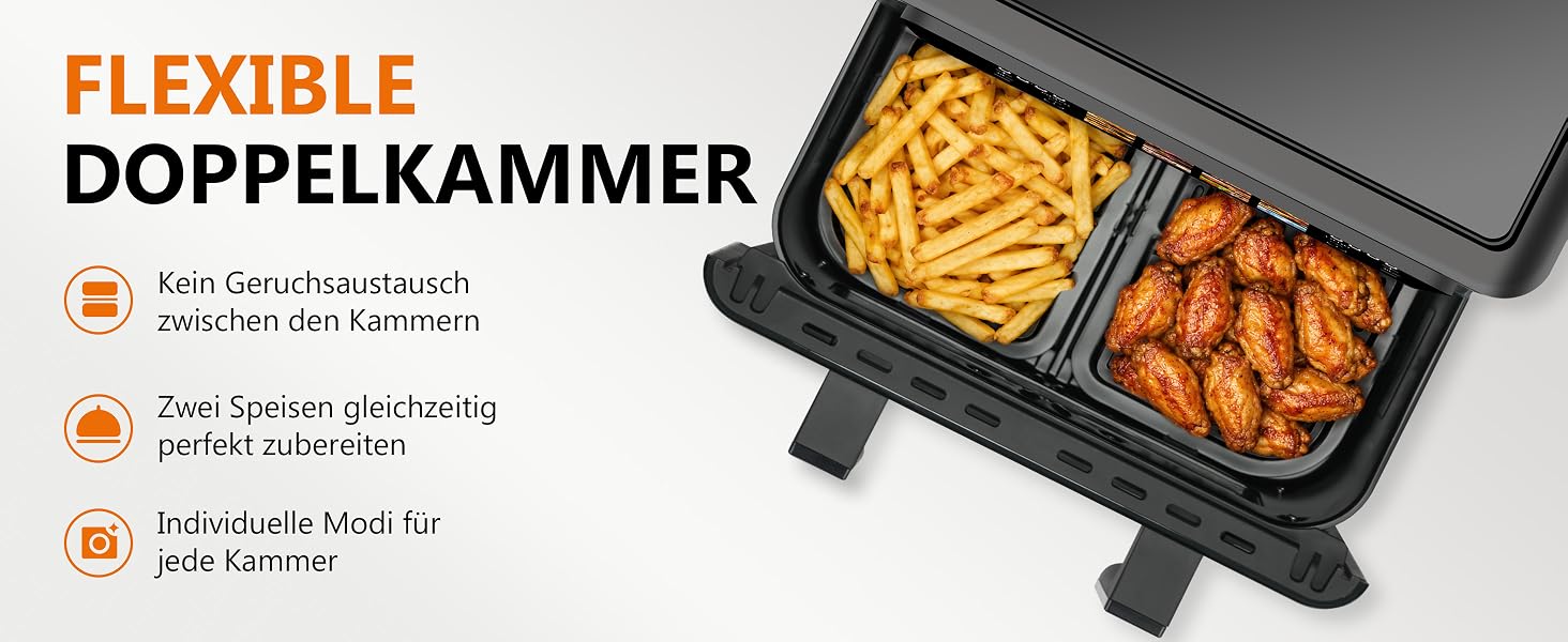 Аерофритюрниця Air Fryer 9L 2000W з двома камерами та холодними ручками, чорна (модель 905a)