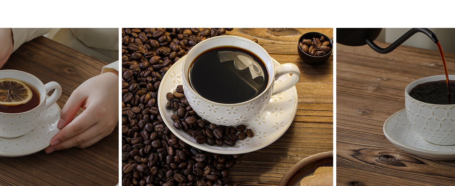 Набір кавових чашок MALACASA з блюдцем, 8 шт. (4 персони), кавовий сервіз з порцеляни, об'єм 180 мл, для кави, чаю, десертів, бежевий