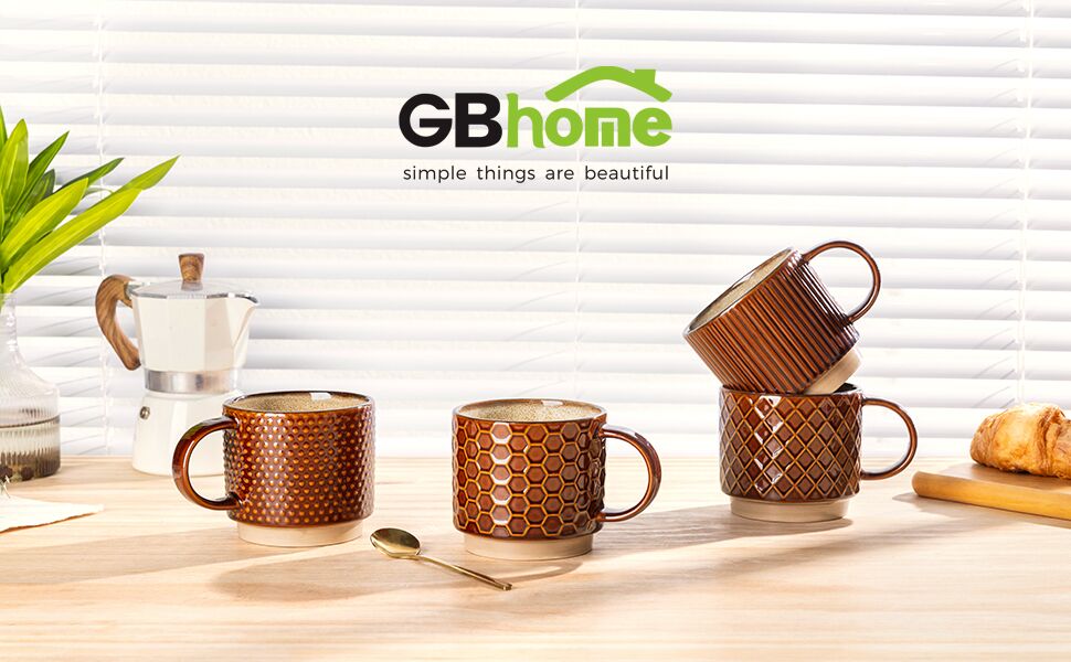 Набір кавових чашок GBHOME 4 шт. з кераміки, 480 мл, з текстурою, для лате/капучино, сумісні з посудомийною машиною та мікрохвильовою піччю, сучасний подарунок
