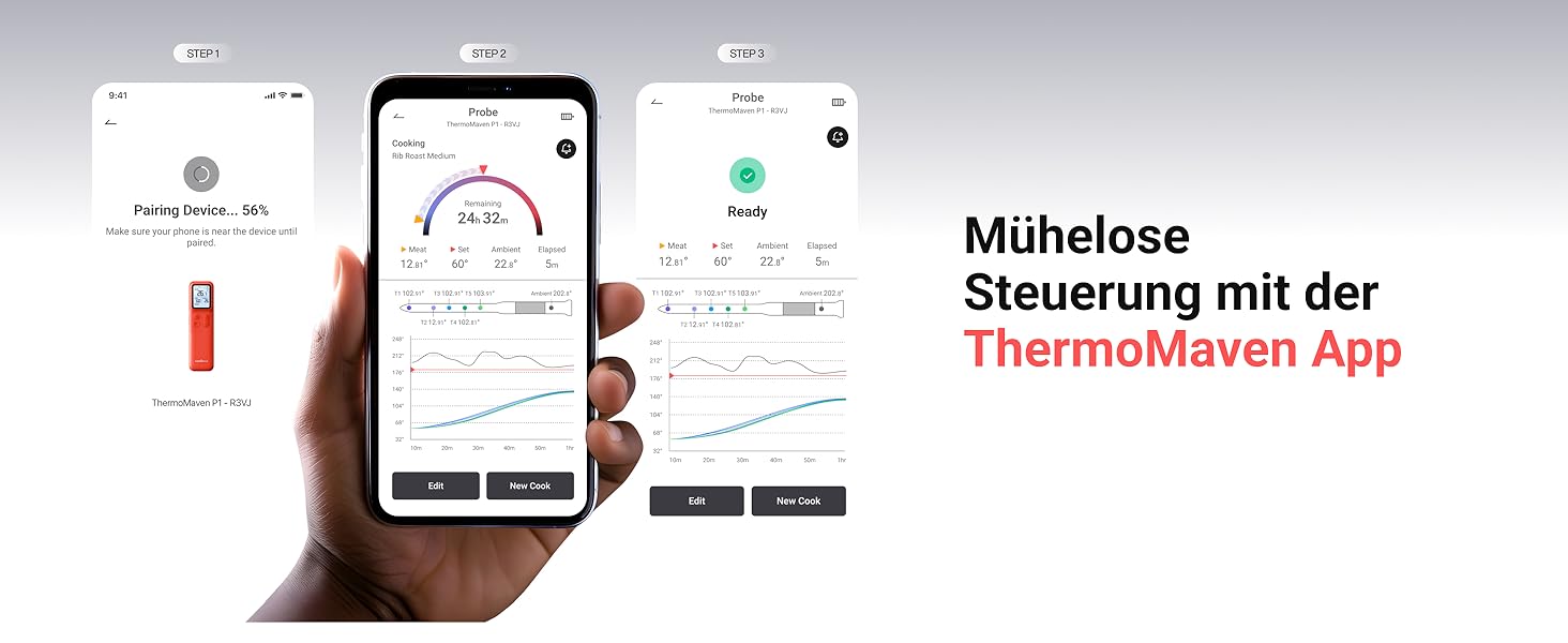 ThermoMaven P2 Розумний термометр для м'яса бездротовий Bluetooth 5.3, 6 сенсорів, Wi-Fi моніторинг, IPX8 водонепроникний, для гриля, духовки, кухні, фритюрниці (1 зонд)