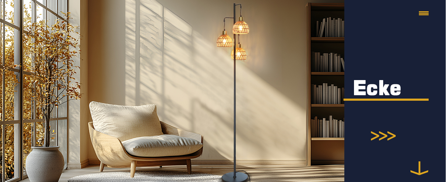 Стійка лампа ShineMuse Boho з ротангу, чорна, вінтаж, 170 см, 3 E27, LED, диммер, для вітальні