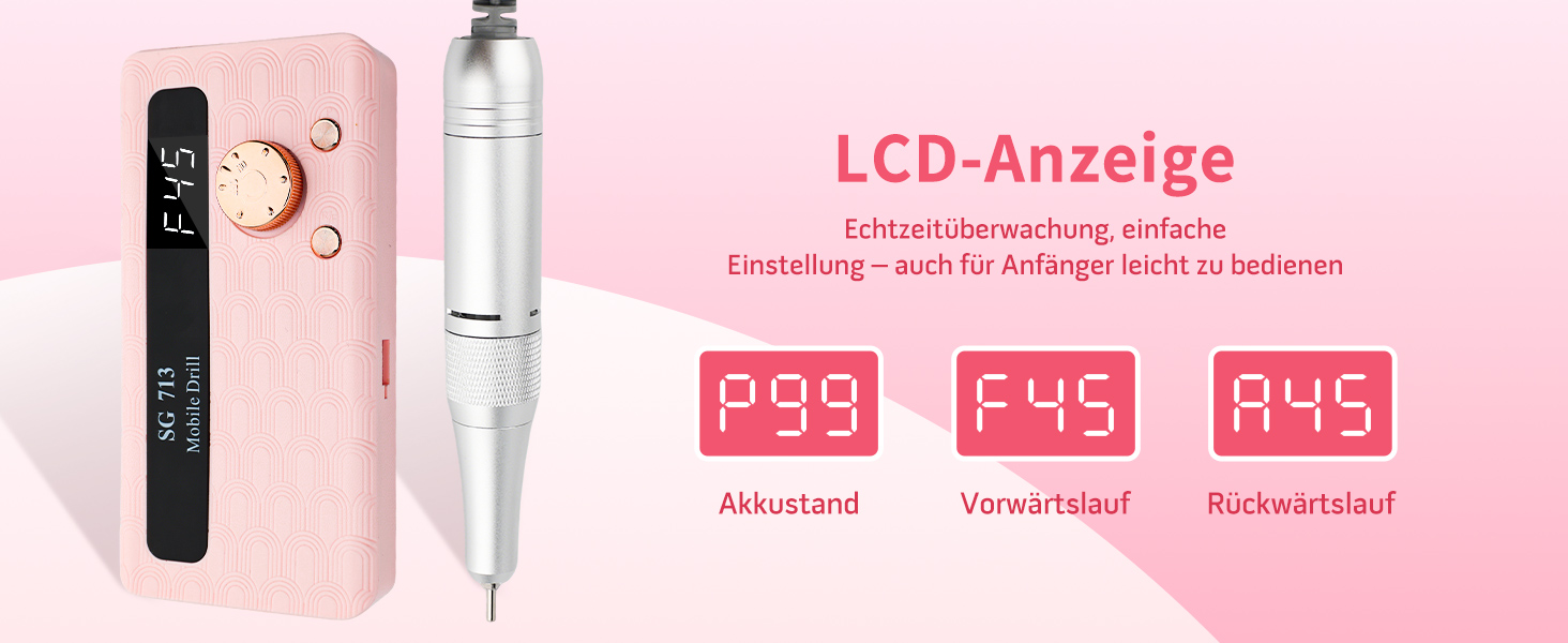 Електричний фрезер для нігтів Ziweo з LED дисплеєм, 45000 об/хв, для манікюру та педикюру, для гелю, акрилу, акригелю, Shellac