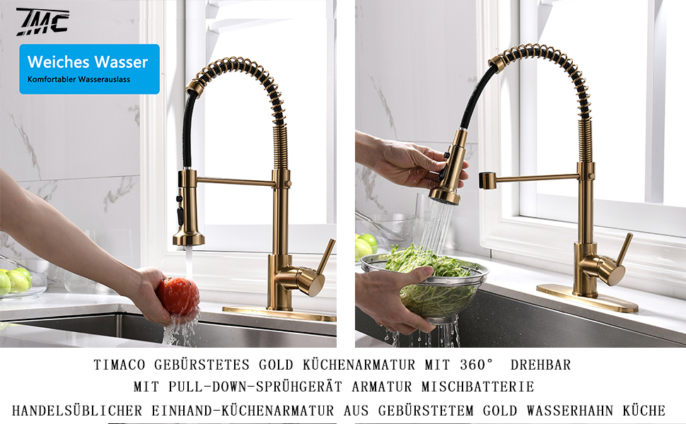 Змішувач для кухні з висувною лійкою, 360° обертання, щіткове золото, одноручний, для кухні