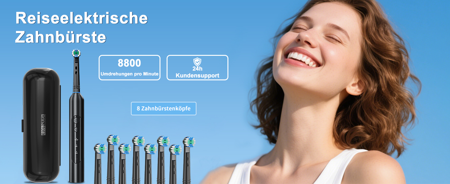 Електрична зубна щітка Rotierende для дорослих з 8 насадками, 3 режимами чищення, акумулятором до 50 днів та Smart-таймером 2 хв - Чорна