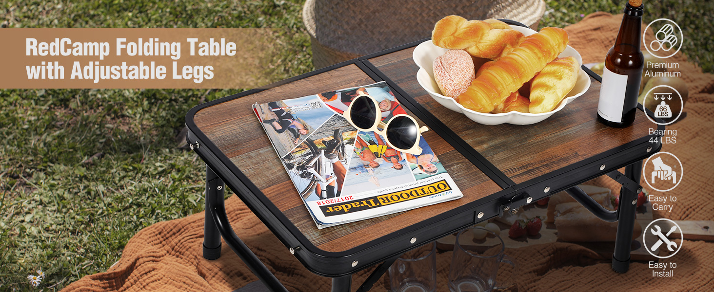 REDCAMP Складаний столик з регулюванням висоти, легкий портативний туристичний столик 60x40 см (4 положення) з сітчастою поверхнею, для дому та відпочинку на природі, балкона, ринку, кухні, темно-коричневий (під дереву, 60*40 см, 4 висоти)