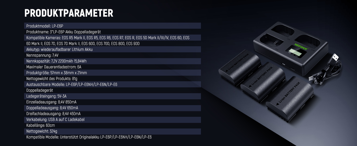 NEEWER LP-E6NH Запасний акумулятор та зарядний пристрій USB, 3 шт. 2250mAh для Canon EOS R7 R5 R6 R6 II R, 5DIV, 6DII, 7DII, 80D, 90D
