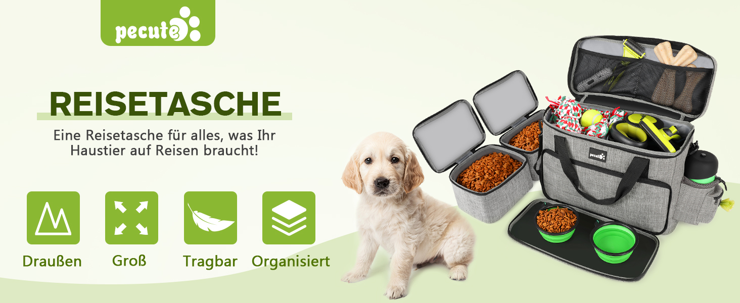 Переносна сумка для собак Pecute, велика переносна сумка для тварин, з 2 кишенями та 2 мисками для собак, сумка для подорожей з собакою, для поїздок, кемпінгу або щоденних прогулянок, сірого кольору 42 * 18 * 30 см, Класична L (42*30*18 см)