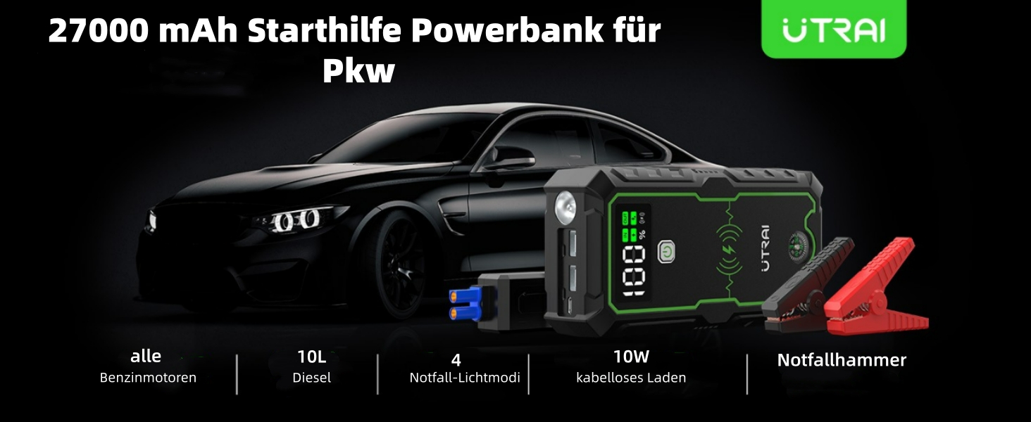 Powerbank UTRAI Starthilfe: Портативний пусковий пристрій для автомобіля 27000mAh, 3600A, з бездротовим зарядним пристроєм 10W та ліхтариком 4 LED